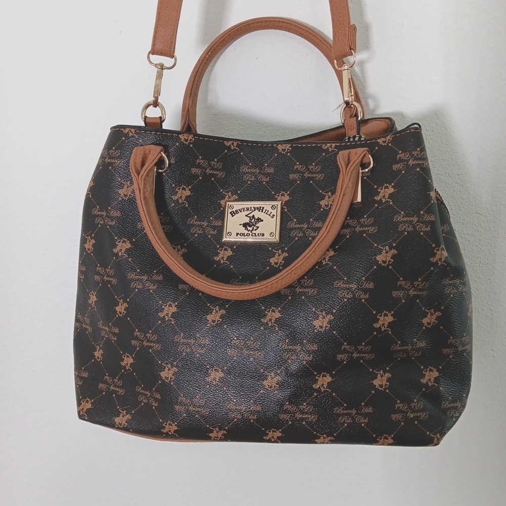 Beverly Hills Polo Crossbody Handbag Brown Tan Faux Leather Preppy Countryside - Picture 2 of 15